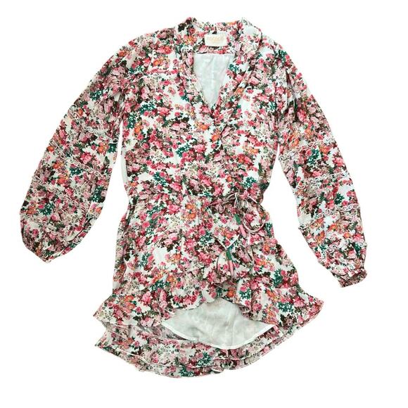 Rococo Sand Women’s Vie Crepe Pink Floral Green Long Sleeve Ruffle Mini Dress XS - Picture 2 of 13